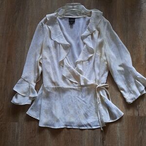 Worthington Ivory Beige Wrap Chiffon Ruffled V-Neck Blouse Women's Size Large